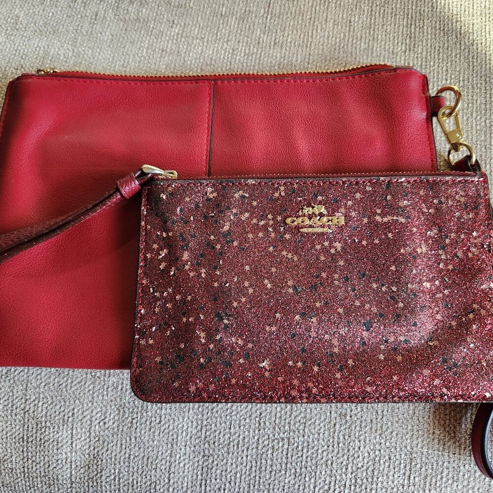 Coach Oxblood  Star Glitter F22705 small wristlet and 90's INC leather clutch